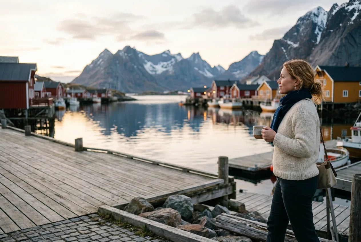 Woman holding a warm drink looking out over a Lofoten fishing village at dusk