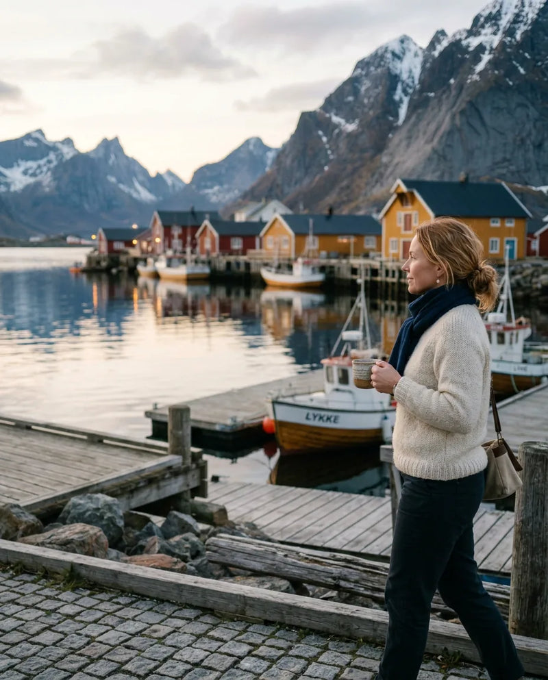 Woman holding a warm drink beside a Lofoten fishing boat named Lykke at dusk