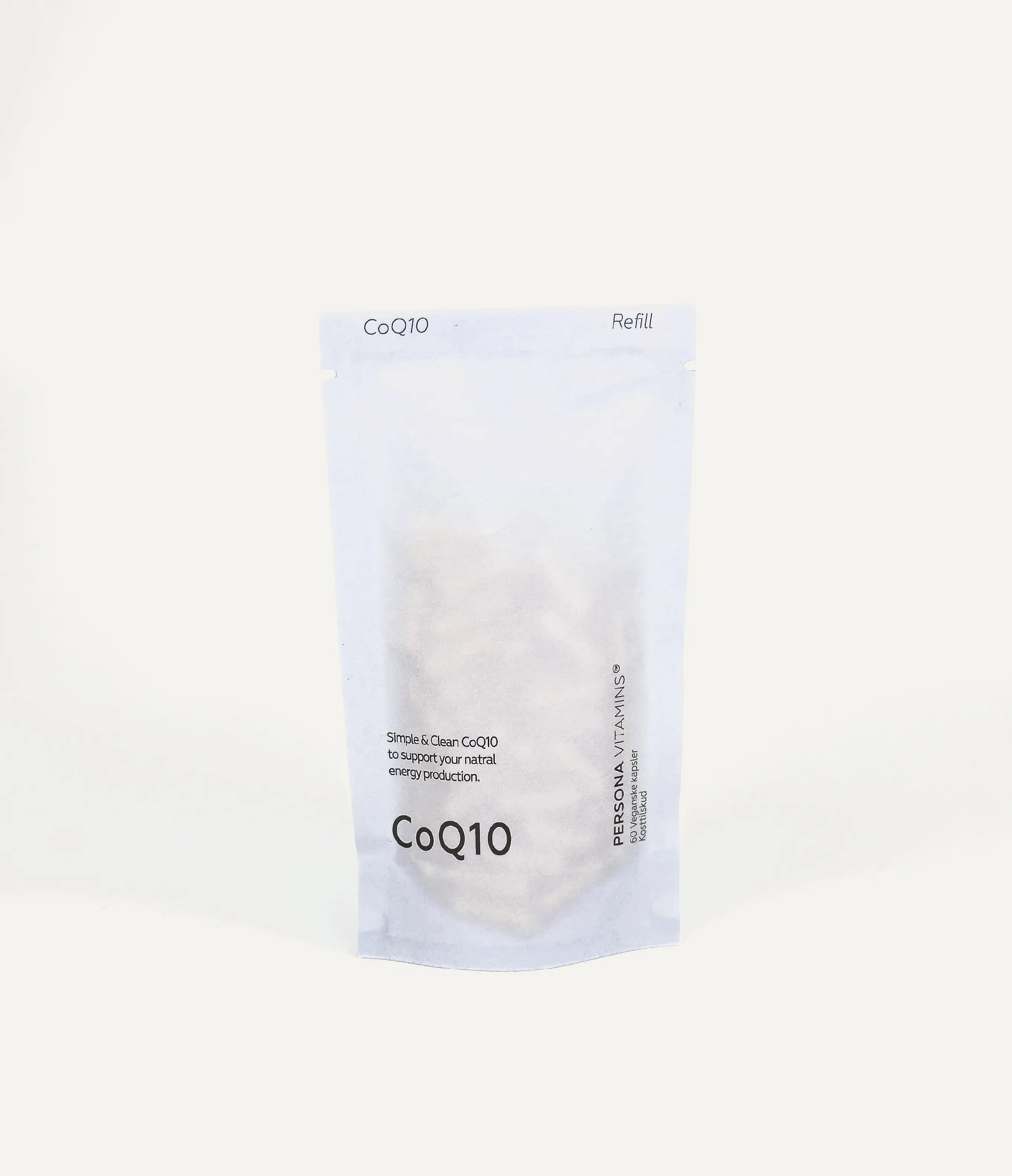 CoQ10 refill pouch standing on a cream background