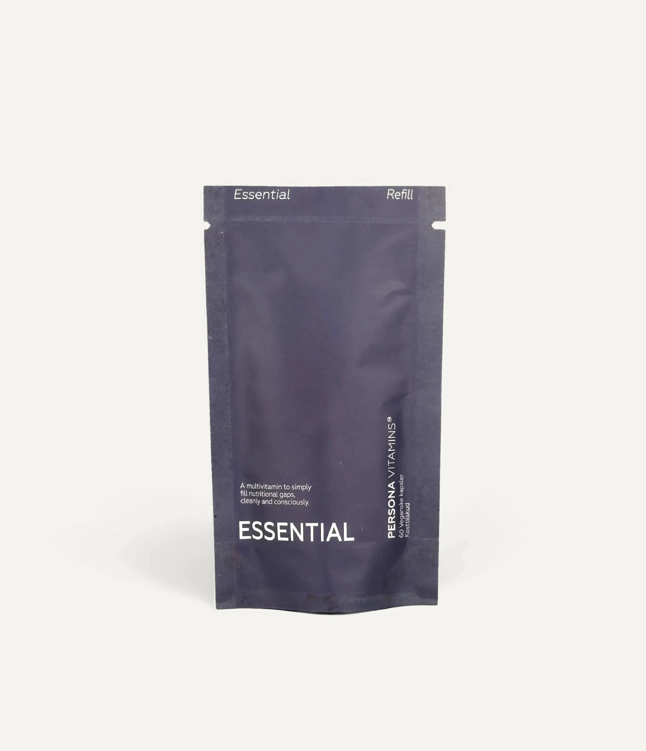 Essential refill pouch standing on a cream background