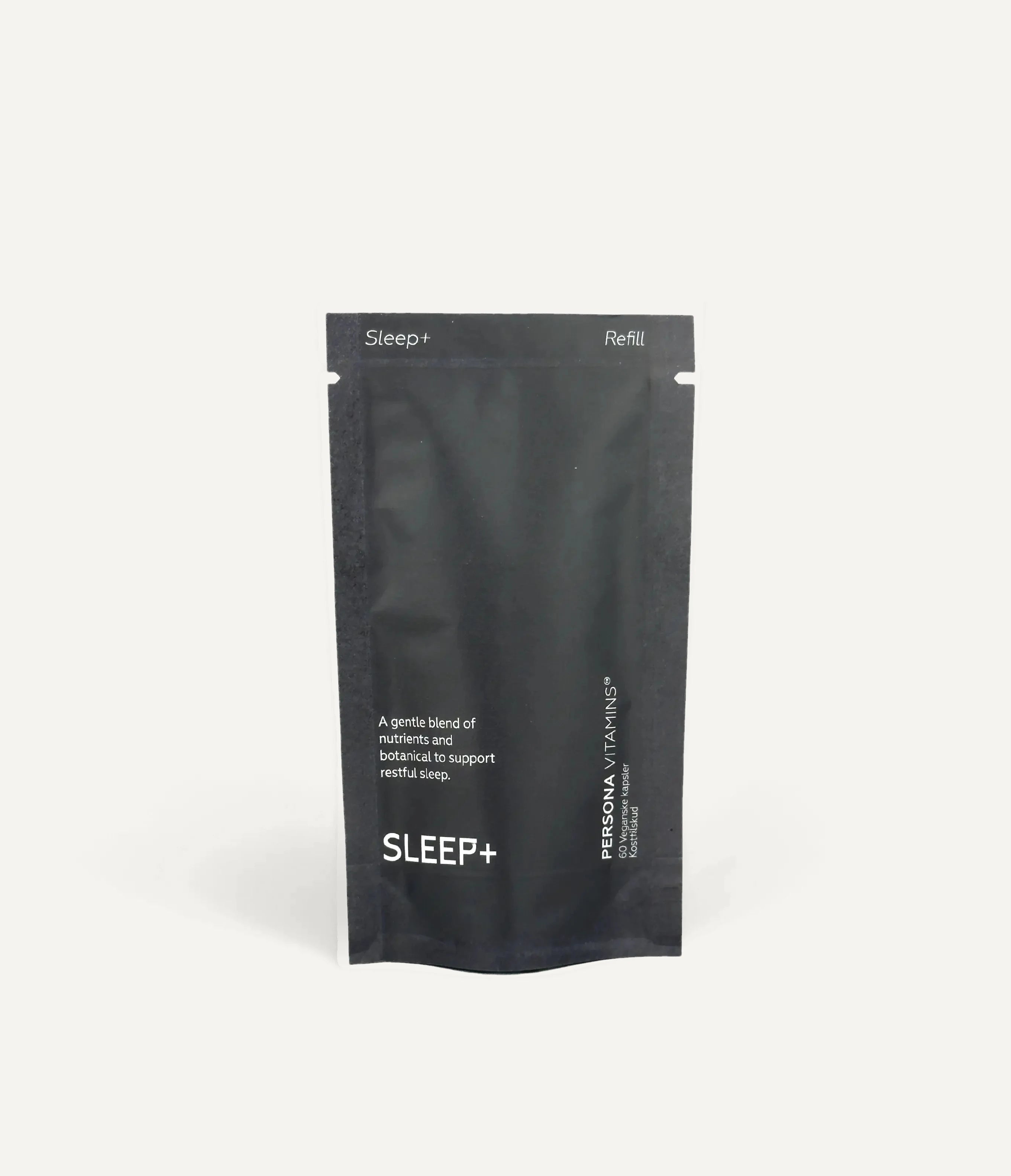 Sleep+ refill pouch standing on a cream background